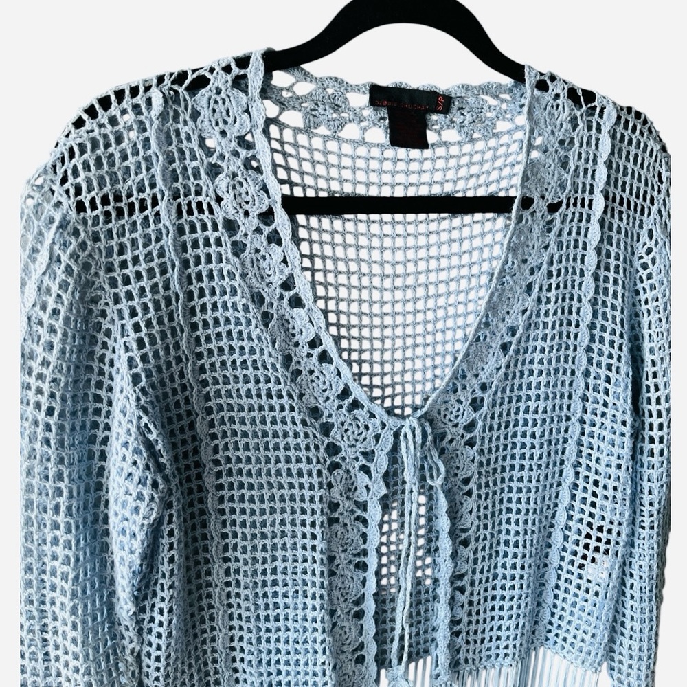 Debbie Shuchat Blue Crochet Fringe Front Tie Ramie Cotton Summer Top Small - Picture 4 of 7
